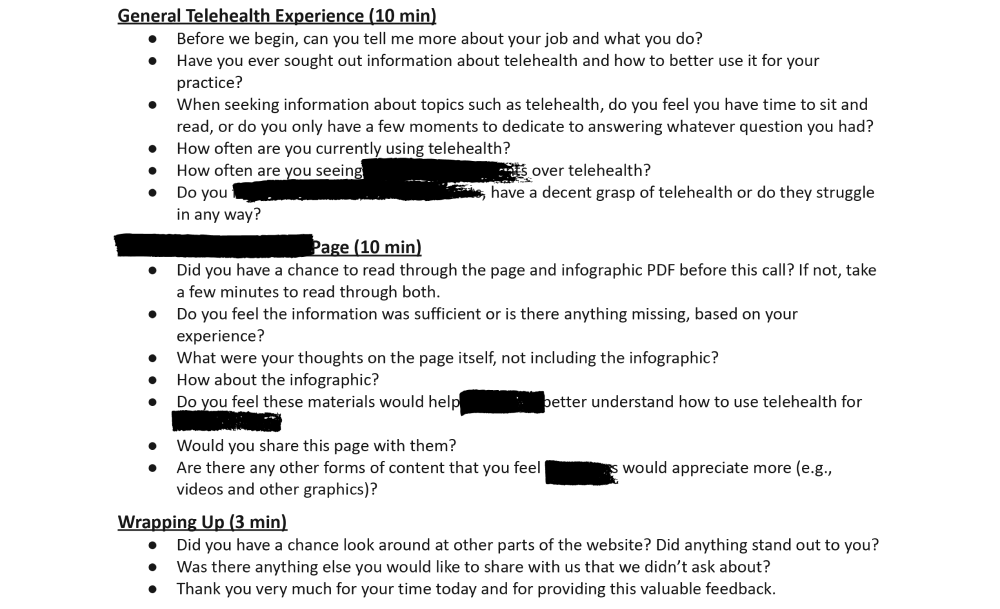 A discussion guide sample that's been redacted