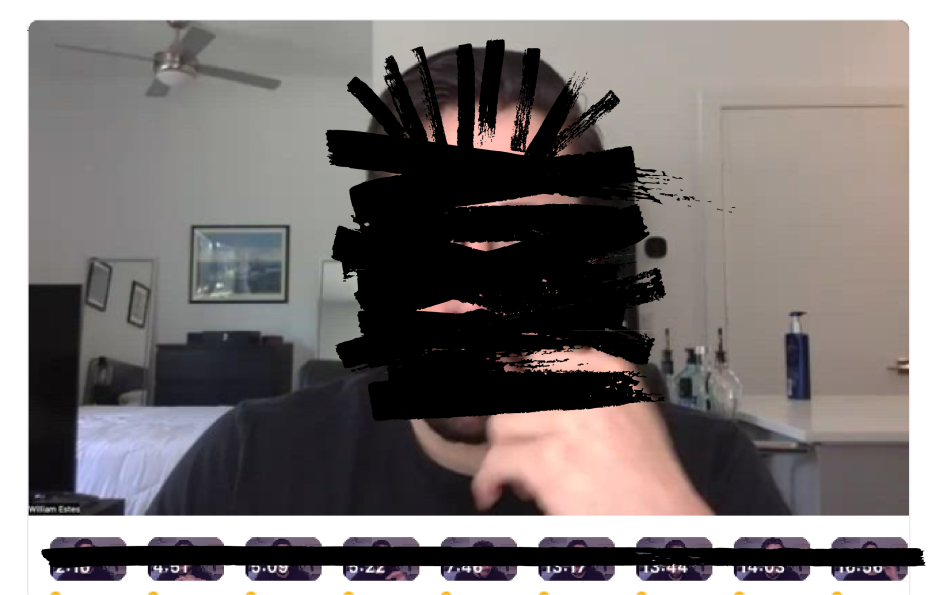 A screen shot of a Zoom call with one other person that's been redacted so you cannot see their face